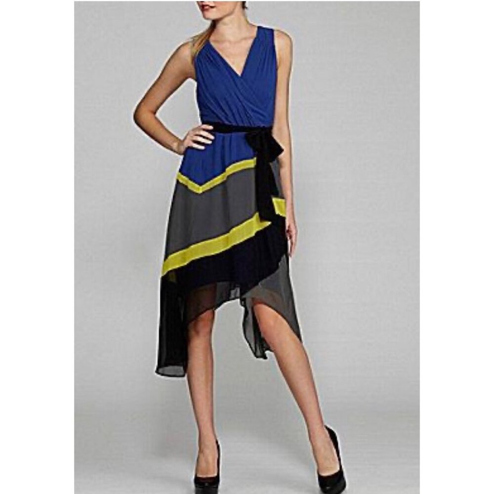 Max and Cleo Sheer Asymmetrical Dress Sz 4 (Small) Striped Blue, Yellow, & Gray